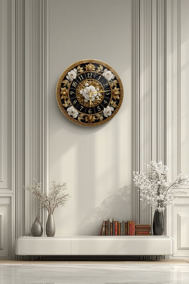 KIRILMAZ CAM DUVAR SAATİ, HEM TABLO HEM SAAT KABARTMALI GÜL ÇİÇEK DESENLİ AVANGART TASARIM EV OFİS HEDİYESİ