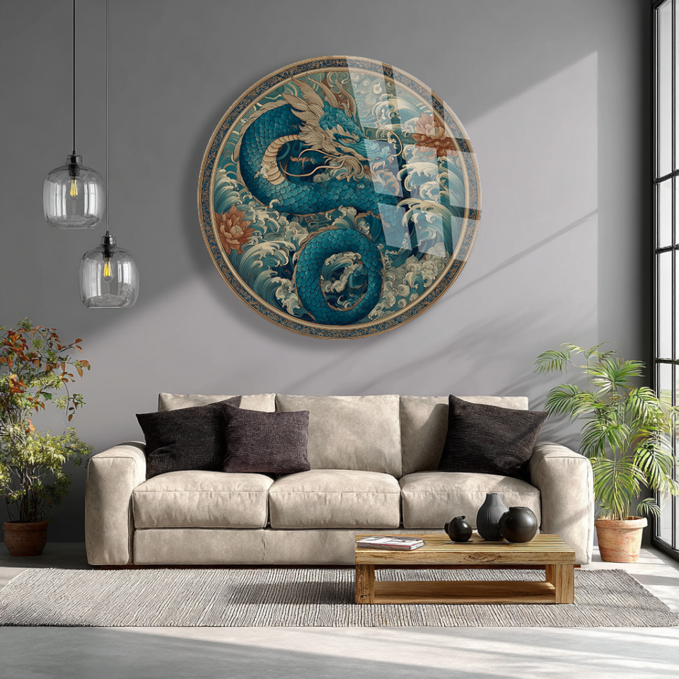 KIRILMAZ CAM DUVAR TABLOSU – OKYANUS EJDERHA DALGA SANAT TASARIMI | ORYANTAL DEKOR