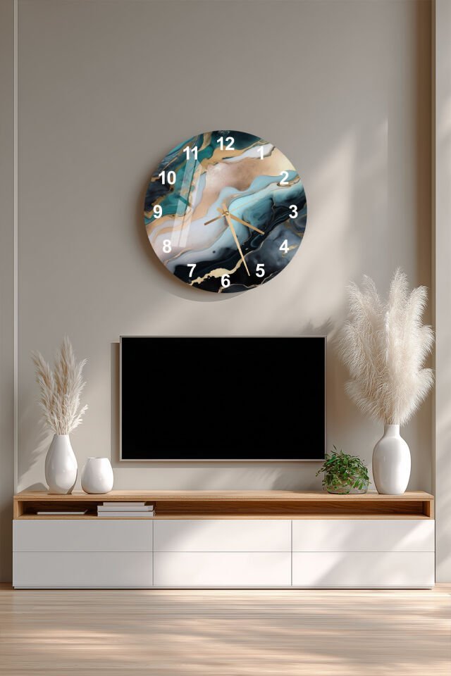 KIRILMAZ CAM DUVAR SAATİ, HEM TABLO HEM SAAT MERMER DESENLİ MODERN TASARIM EV OFİS HEDİYESİ