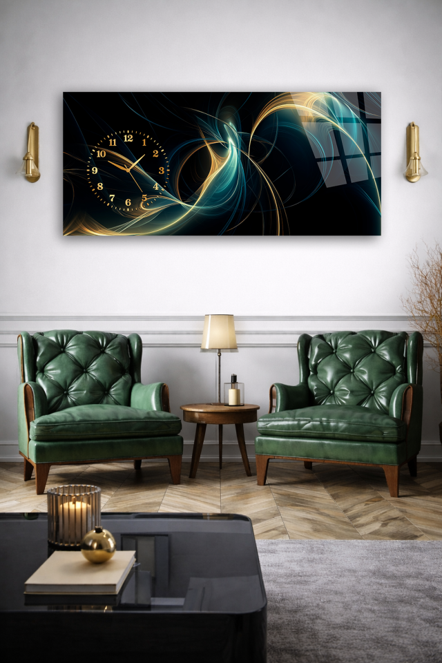 KIRILMAZ CAM DUVAR SAATİ , HEM TABLO HEM SAAT SOYUT ALTIN MAVİ DALGA MODERN EV OFİS HEDİYESİ