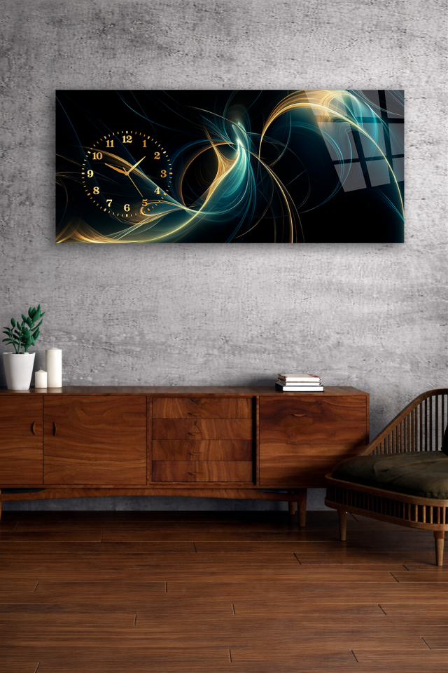 KIRILMAZ CAM DUVAR SAATİ , HEM TABLO HEM SAAT SOYUT ALTIN MAVİ DALGA MODERN EV OFİS HEDİYESİ