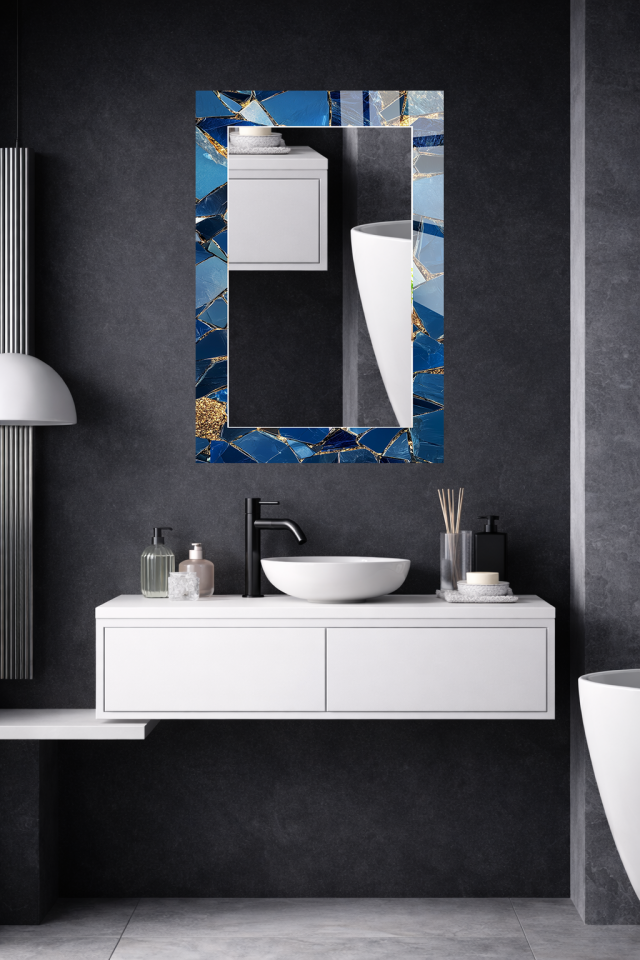 HEM TABLO HEM AYNA MAVİ ALTIN KIRIK CAM MOZAİK CAM DUVAR AYNASI EV DEKORU