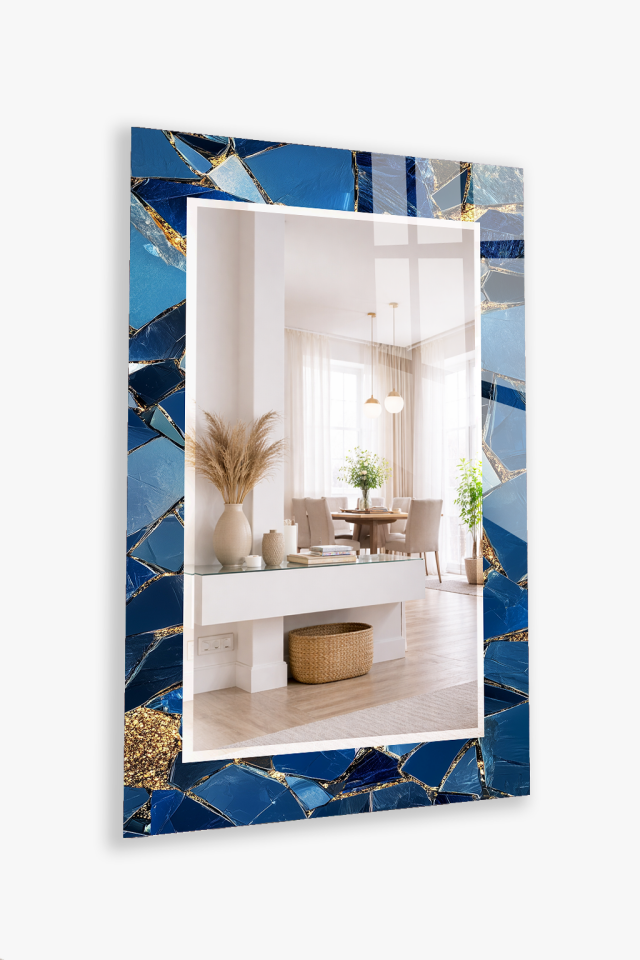 HEM TABLO HEM AYNA MAVİ ALTIN KIRIK CAM MOZAİK CAM DUVAR AYNASI EV DEKORU