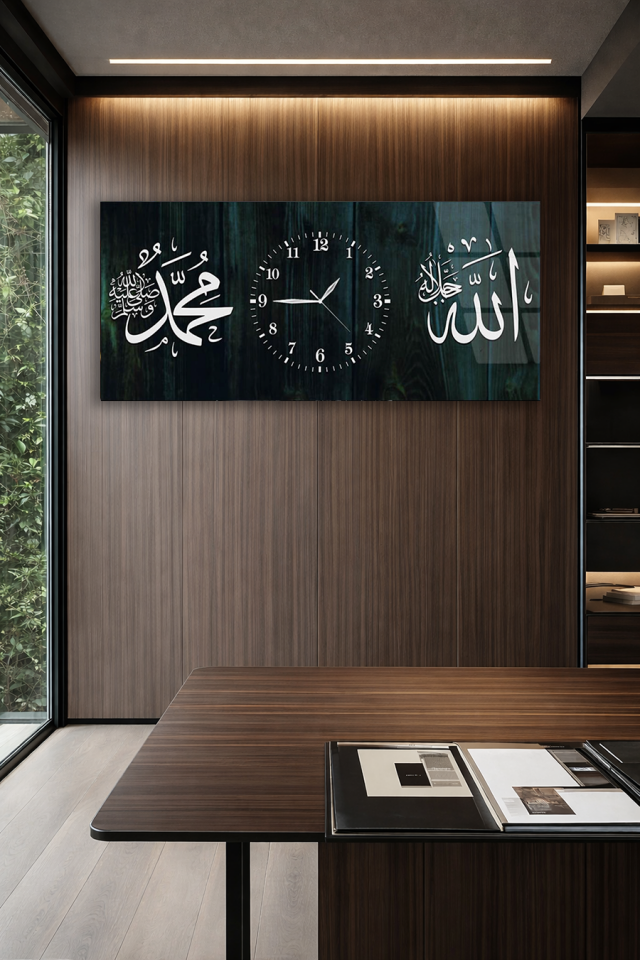 KIRILMAZ CAM DUVAR SAATİ , HEM TABLO HEM SAAT İSLAMİ HAT SANATI SİYAH GOLD CAM SAAT EV OFİS HEDİYESİ