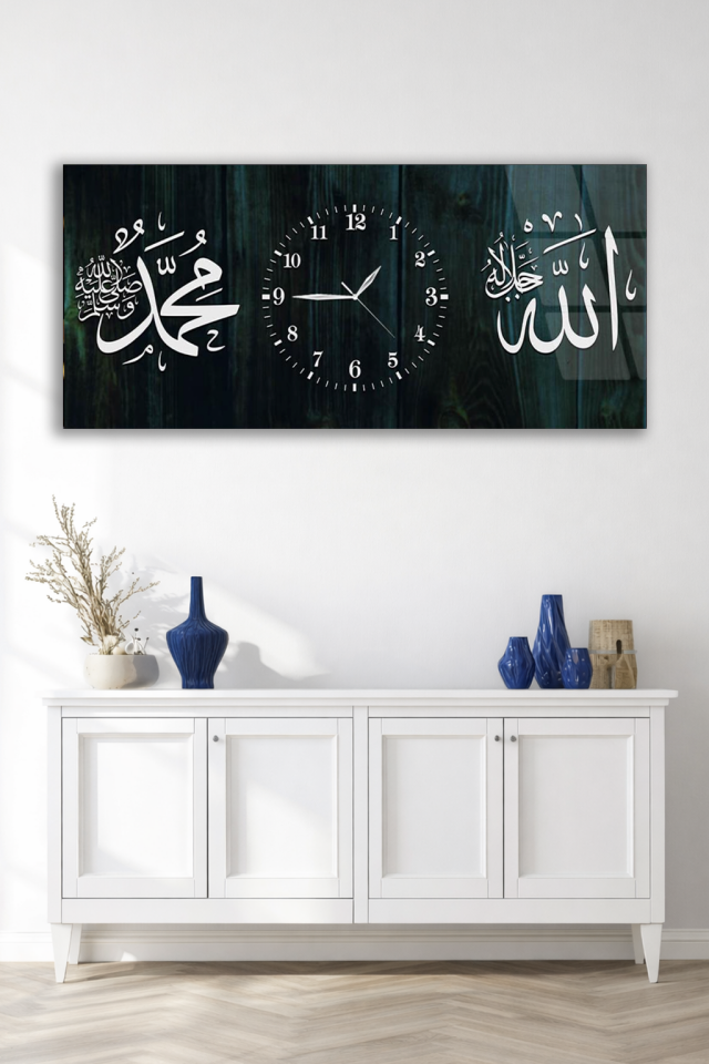 KIRILMAZ CAM DUVAR SAATİ , HEM TABLO HEM SAAT İSLAMİ HAT SANATI SİYAH GOLD CAM SAAT EV OFİS HEDİYESİ