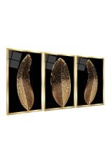 3 LÜ GOLD ÇENTİKLİ GOLD YAPRAK MODERN TASARIM KIRILMAZ CAM TABLO LÜKS TABLO EV HEDİYESİ