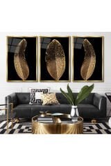 3 LÜ GOLD ÇENTİKLİ GOLD YAPRAK MODERN TASARIM KIRILMAZ CAM TABLO LÜKS TABLO EV HEDİYESİ