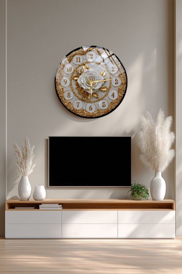 KIRILMAZ CAM DUVAR SAATİ, HEM TABLO HEM SAAT ALTIN ÇİÇEK MOTİFLİ OSMANLI AVANGART DEKORATİF TASARIM EV OFİS HEDİYESİ