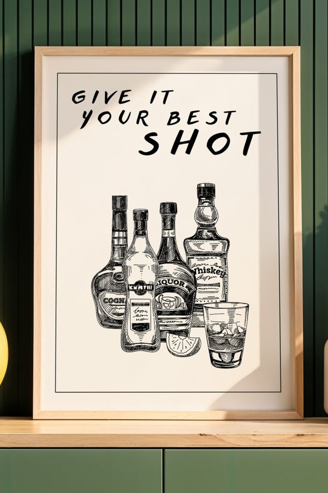 DOĞAL AHŞAP - Alkol Şişeleri Eskiz Çizimli Mutfak Ahşap Çerçeveli Duvar Tablosu