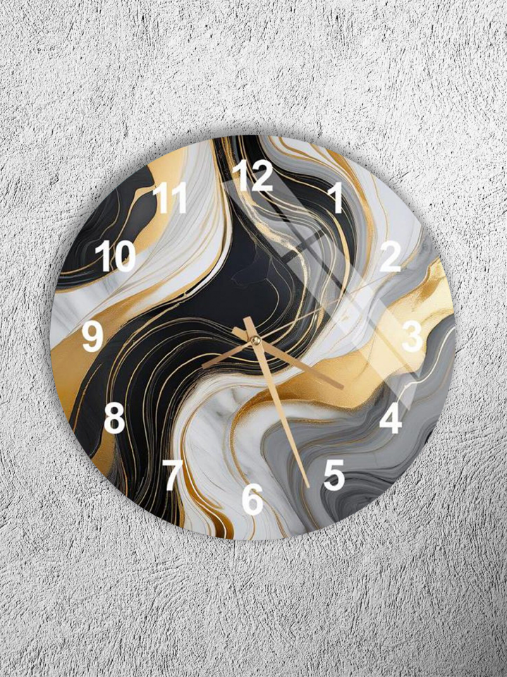 KIRILMAZ CAM DUVAR SAATİ, HEM TABLO HEM SAAT SİYAH BEYAZ ALTIN SOYUT DESEN EV OFİS HEDİYESİ