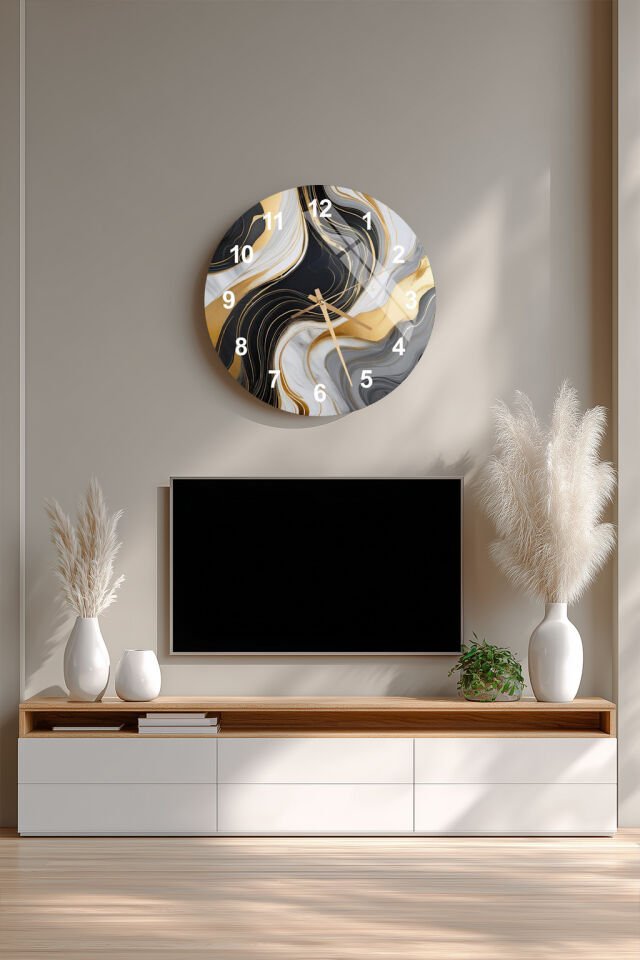 KIRILMAZ CAM DUVAR SAATİ, HEM TABLO HEM SAAT SİYAH BEYAZ ALTIN SOYUT DESEN EV OFİS HEDİYESİ