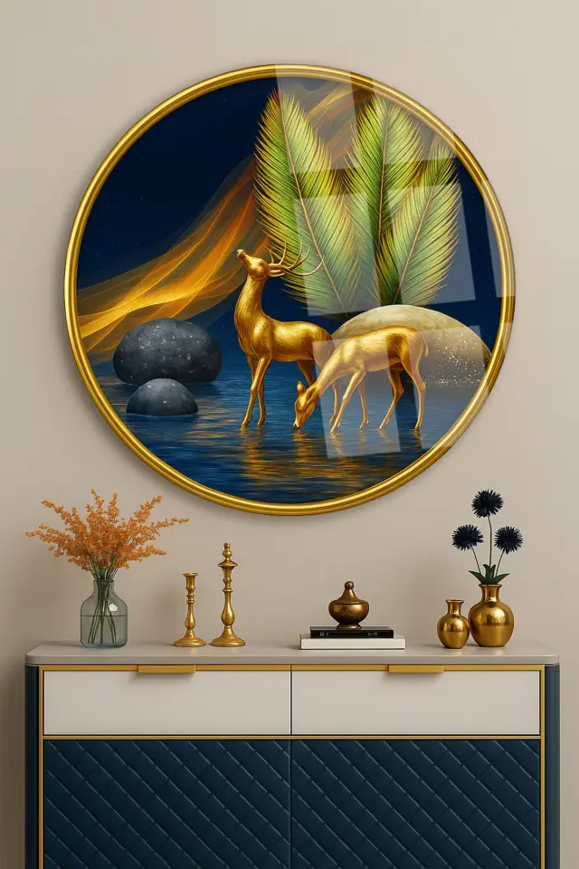 ALTIN GEYİK SANATSAL ÇALIŞMA YUVARLAK KIRILMAZ MODERN CAM TABLO EV HEDİYESİ LÜKS ODA TABLOSU Lacivert