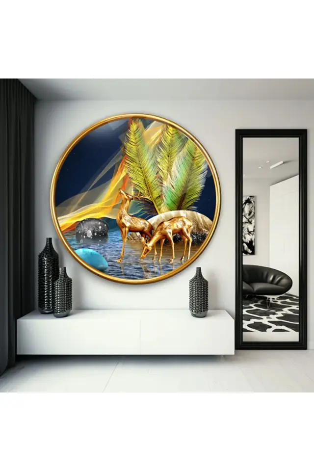 ALTIN GEYİK SANATSAL ÇALIŞMA YUVARLAK KIRILMAZ MODERN CAM TABLO EV HEDİYESİ LÜKS ODA TABLOSU Lacivert