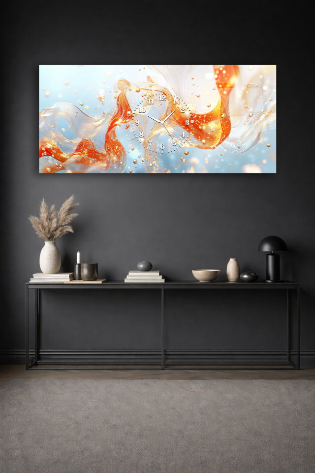 KIRILMAZ CAM DUVAR SAATİ , HEM TABLO HEM SAAT TURUNCU BEYAZ AKIŞKAN SOYUT TASARIM EV OFİS HEDİYESİ