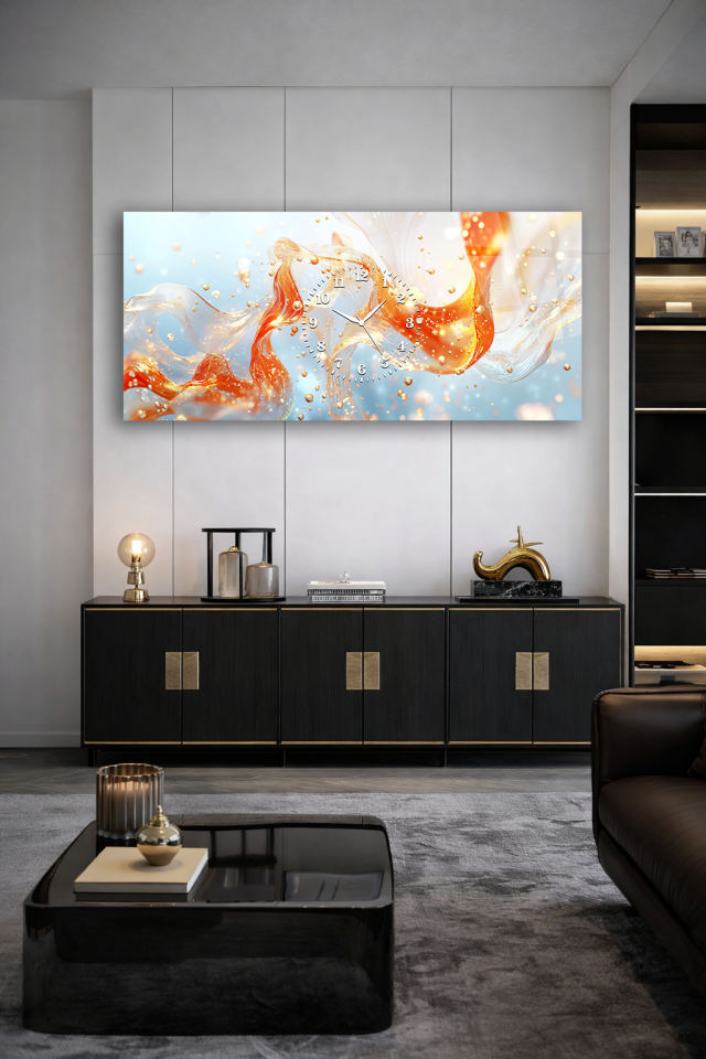 KIRILMAZ CAM DUVAR SAATİ , HEM TABLO HEM SAAT TURUNCU BEYAZ AKIŞKAN SOYUT TASARIM EV OFİS HEDİYESİ