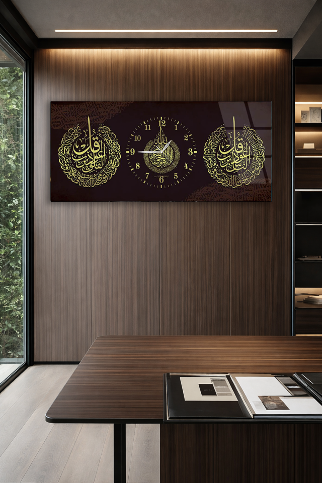 KIRILMAZ CAM DUVAR SAATİ , HEM TABLO HEM SAAT İSLAMİ HAT SANATI ALTIN DETAYLI CAM SAAT