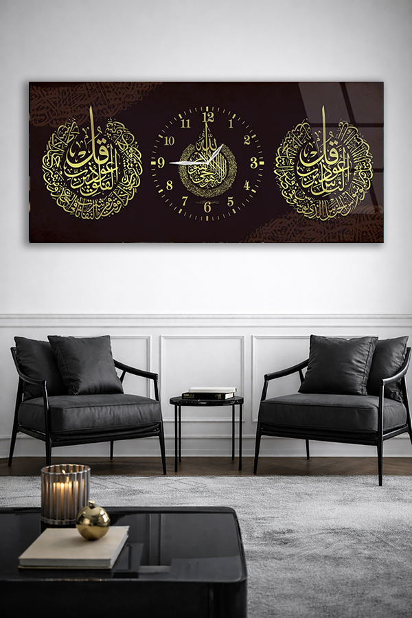 KIRILMAZ CAM DUVAR SAATİ , HEM TABLO HEM SAAT İSLAMİ HAT SANATI ALTIN DETAYLI CAM SAAT