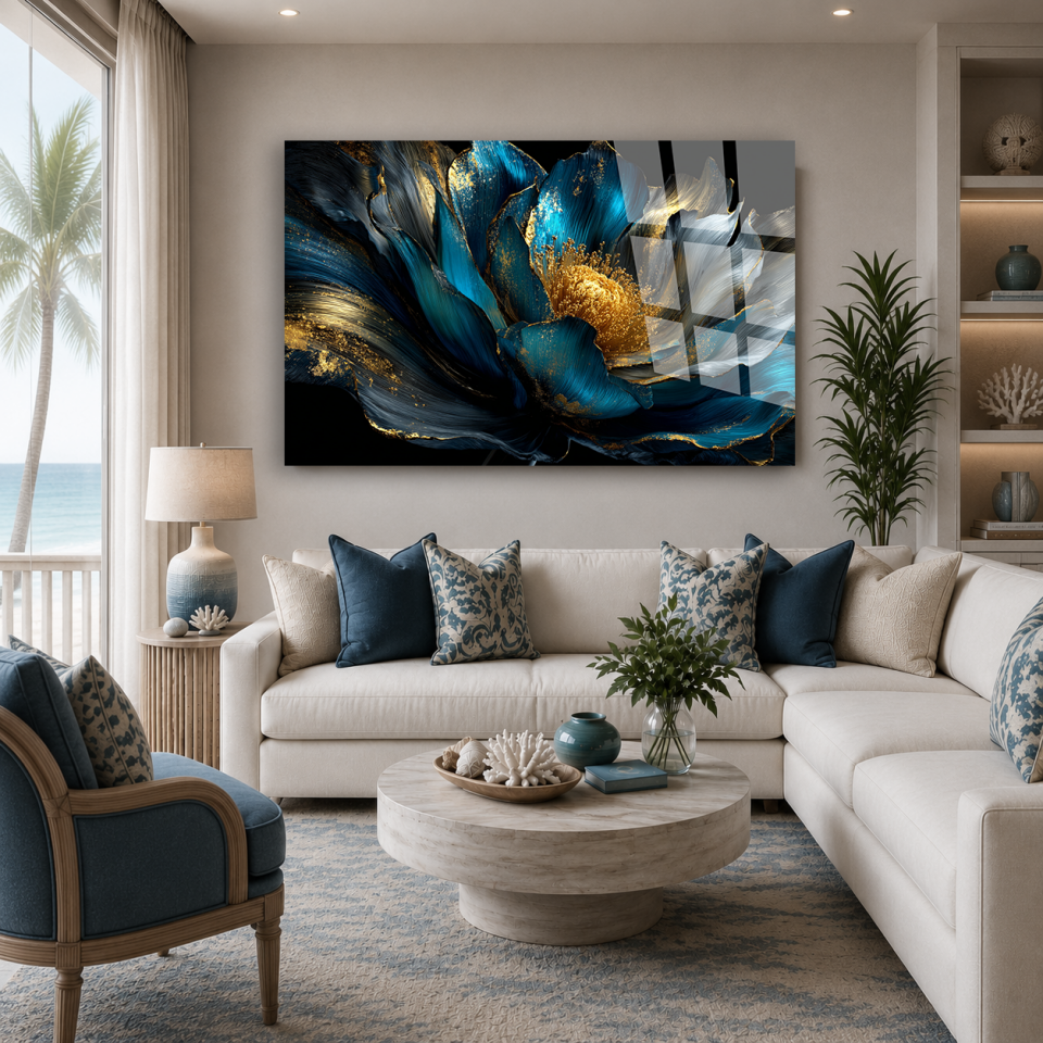 MAVİ ALTIN YALDIZLI SOYUT ÇİÇEK CAM TABLO LÜKS MODERN SALON DUVAR SANATI