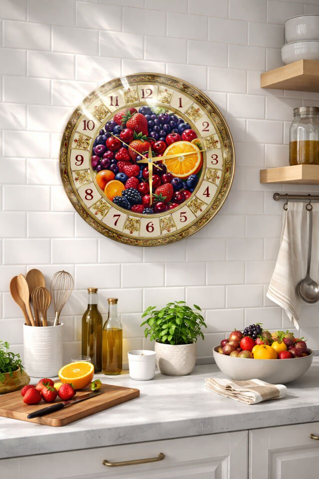 KIRILMAZ CAM DUVAR SAATİ, HEM TABLO HEM SAAT MEYVE TABAKLI MUTFAK TEMALI DEKORATİF TASARIM EV OFİS HEDİYESİ