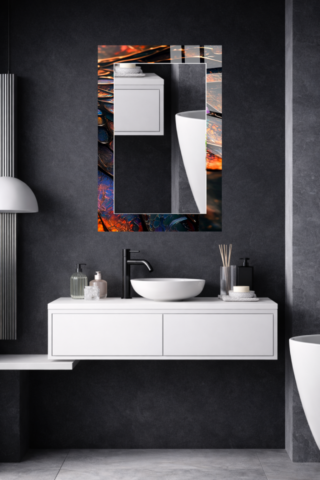 HEM TABLO HEM AYNA TURUNCU LACİVERT SOYUT SANAT CAM DUVAR AYNASI EV DEKORU