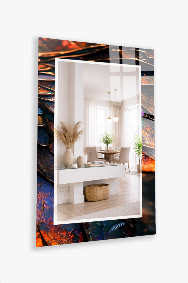 HEM TABLO HEM AYNA TURUNCU LACİVERT SOYUT SANAT CAM DUVAR AYNASI EV DEKORU