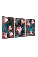 3 LÜ PEMBE ÇİÇEKLER HARİKA RENKLER MODERN TASARIM KIRILMAZ CAM TABLO LÜKS TABLO EV HEDİYESİ