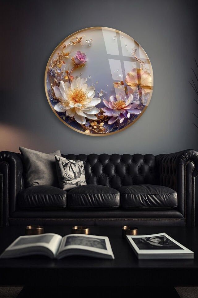 KIRILMAZ CAM DUVAR TABLOSU – LÜKS LOTUS ÇİÇEĞİ ALTIN ÇİÇEK SANAT TASARIMI