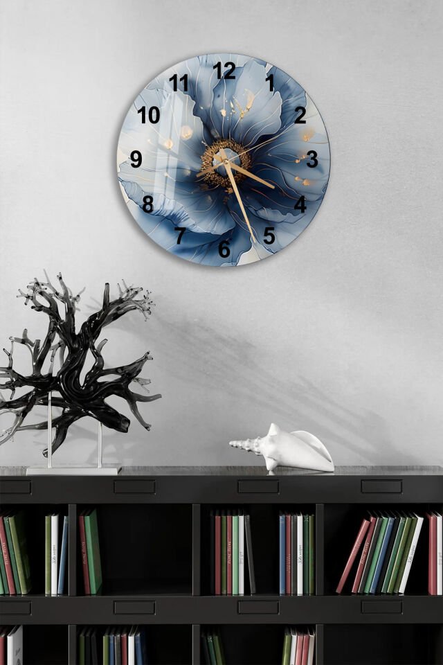KIRILMAZ CAM DUVAR SAATİ, HEM TABLO HEM SAAT MAVİ ÇİÇEK DESENLİ ŞIK TASARIM EV OFİS HEDİYESİ