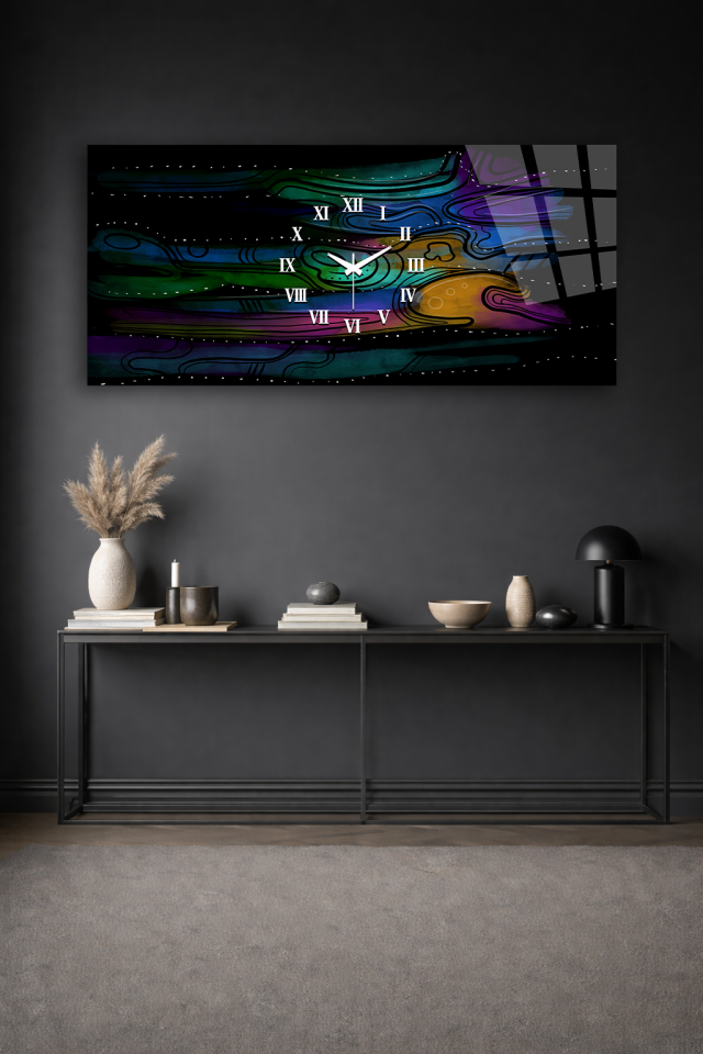 KIRILMAZ CAM DUVAR SAATİ , HEM TABLO HEM SAAT KARANLIK SOYUT HARİTA DESEN MODERN EV OFİS HEDİYESİ