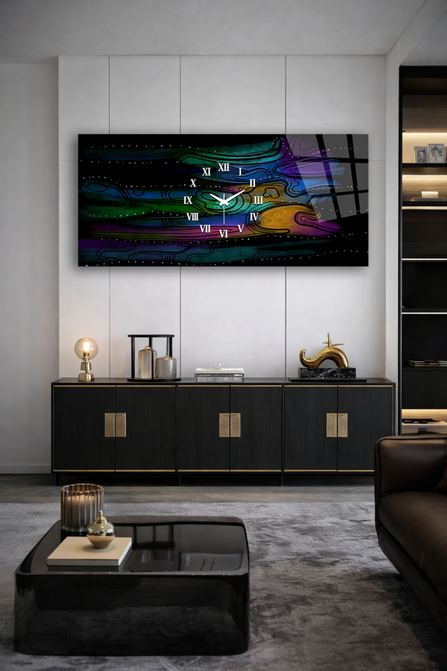 KIRILMAZ CAM DUVAR SAATİ , HEM TABLO HEM SAAT KARANLIK SOYUT HARİTA DESEN MODERN EV OFİS HEDİYESİ