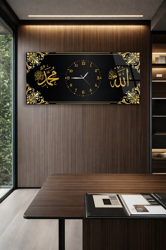 KIRILMAZ CAM DUVAR SAATİ , HEM TABLO HEM SAAT ALLAH VE MUHAMMED YAZILI MODERN EV OFİS HEDİYESİ