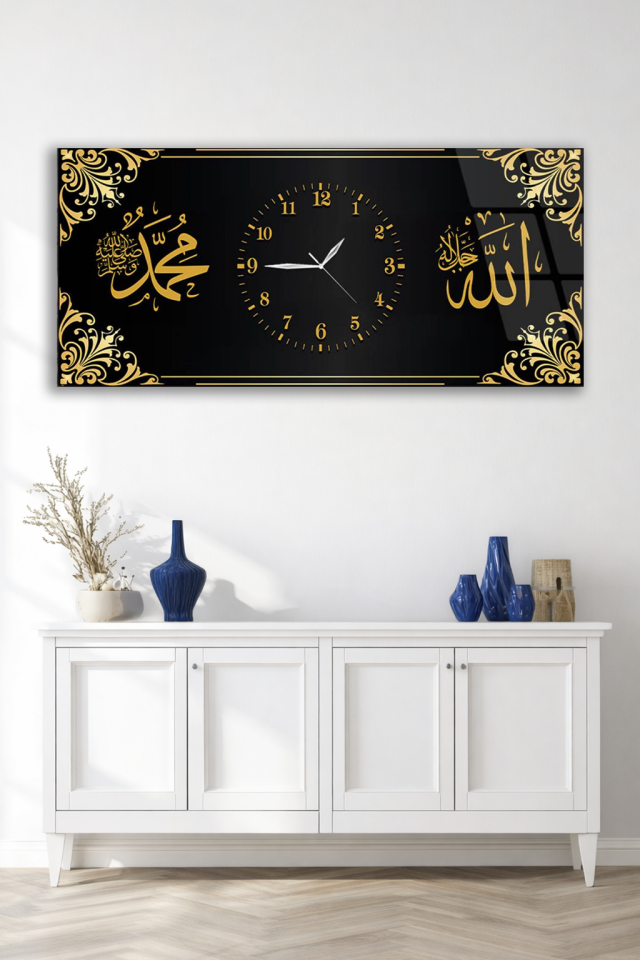 KIRILMAZ CAM DUVAR SAATİ , HEM TABLO HEM SAAT ALLAH VE MUHAMMED YAZILI MODERN EV OFİS HEDİYESİ