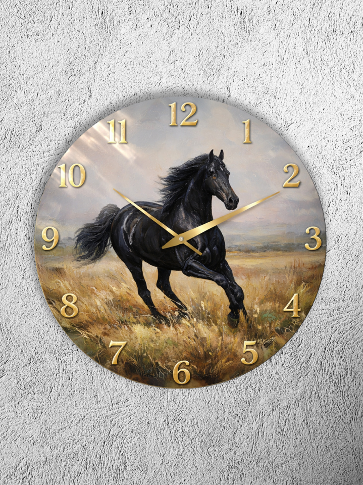 KIRILMAZ CAM DUVAR SAATİ, HEM TABLO HEM SAAT KOŞAN SİYAH AT MANZARA TASARIMI EV OFİS HEDİYESİ