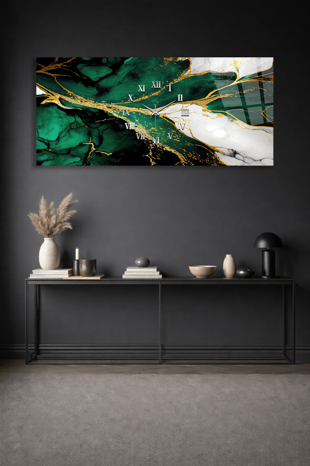 KIRILMAZ CAM DUVAR SAATİ , HEM TABLO HEM SAAT YEŞİL MERMER ALTIN DETAY LÜKS TASARIM EV OFİS HEDİYESİ