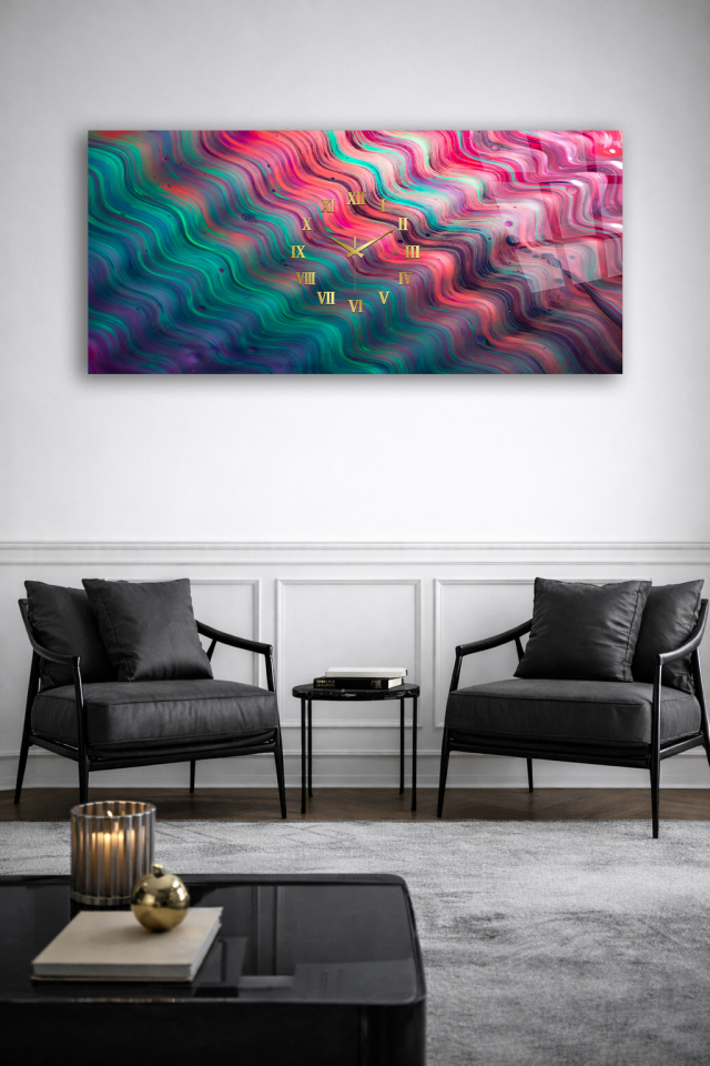 KIRILMAZ CAM DUVAR SAATİ , HEM TABLO HEM SAAT RENKLİ MERMER DOKU LÜKS TASARIM EV OFİS HEDİYESİ