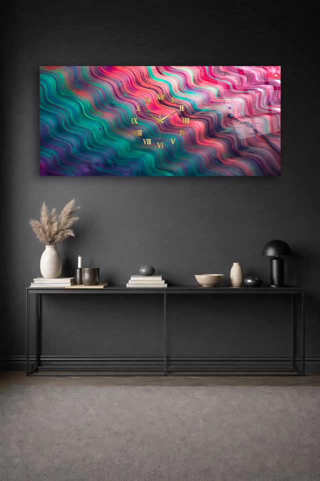 KIRILMAZ CAM DUVAR SAATİ , HEM TABLO HEM SAAT RENKLİ MERMER DOKU LÜKS TASARIM EV OFİS HEDİYESİ