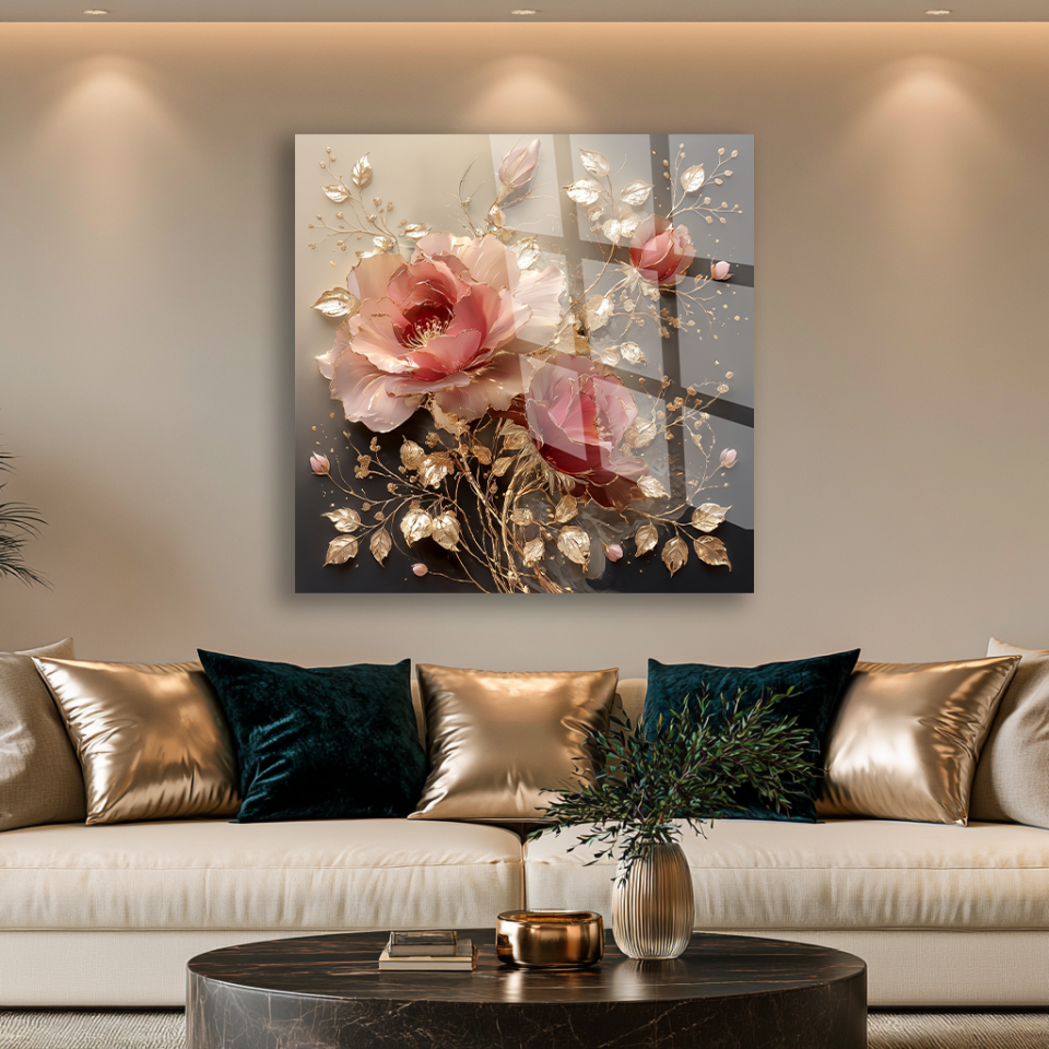 PEMBE ALTIN ŞAKAYIK ÇİÇEKLİ DEKORATİF CAM TABLO EV OFİS HEDİYESİ