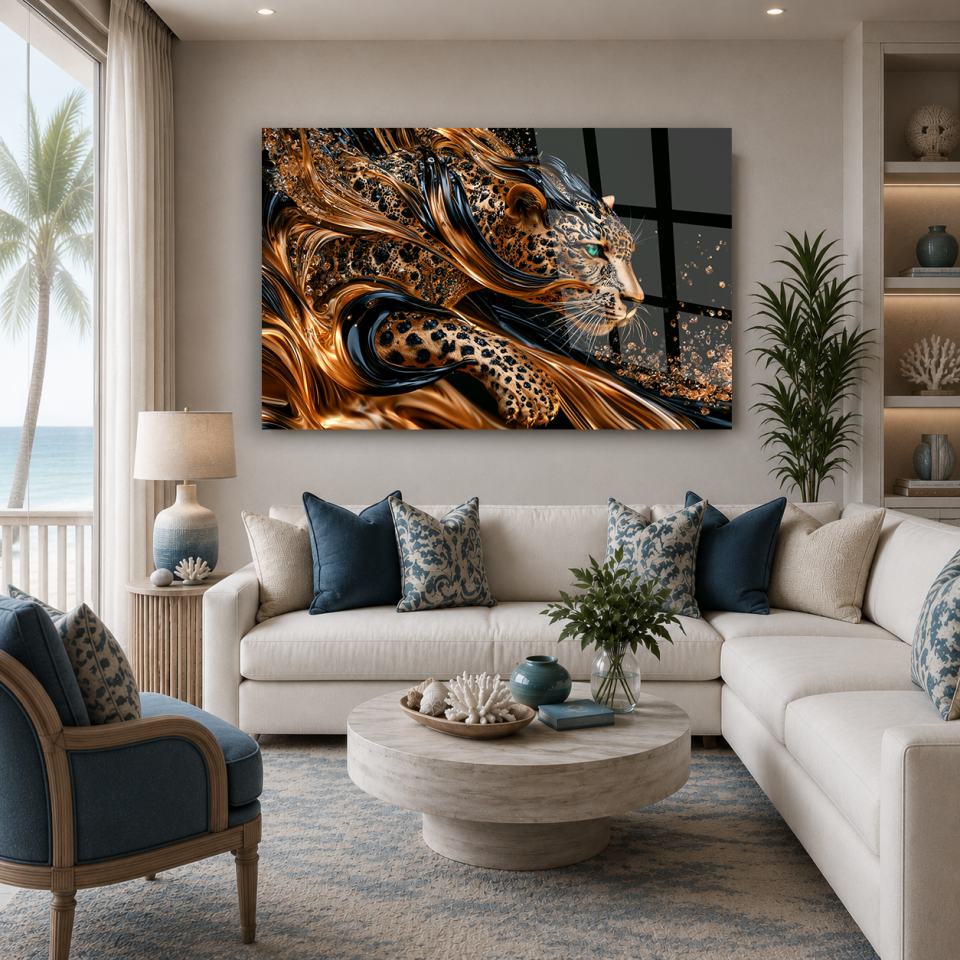 KIRILMAZ CAM TABLO LÜKS GOLD LEOPAR TASARIMI MODERN VAHŞİ YAŞAM SALON OFİS DUVAR DEKORU