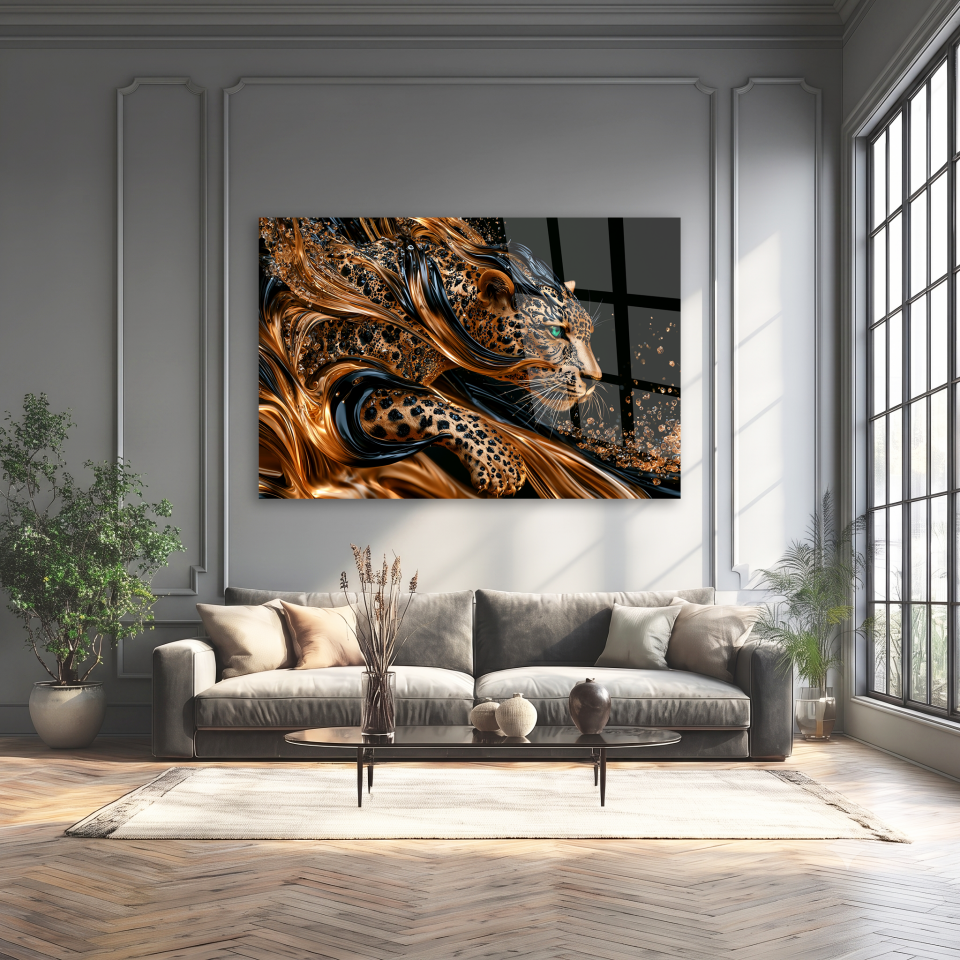 KIRILMAZ CAM TABLO LÜKS GOLD LEOPAR TASARIMI MODERN VAHŞİ YAŞAM SALON OFİS DUVAR DEKORU