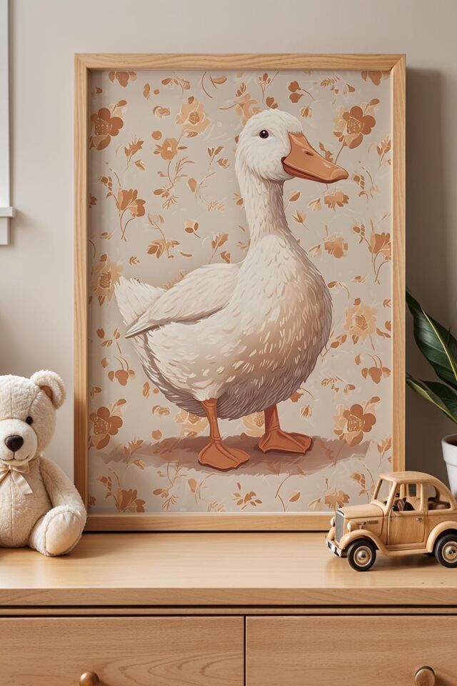 DOĞAL AHŞAP - Sulu Boya Çizimli Çiçekler Ve Kaz Çocuk Odası Ahşap Çerçeveli Duvar Tablosu