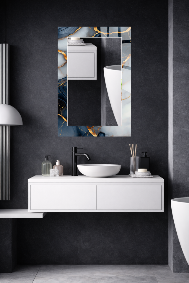 HEM TABLO HEM AYNA GRİ MAVİ ALTIN DAMAR MERMER CAM DUVAR AYNASI EV DEKORU