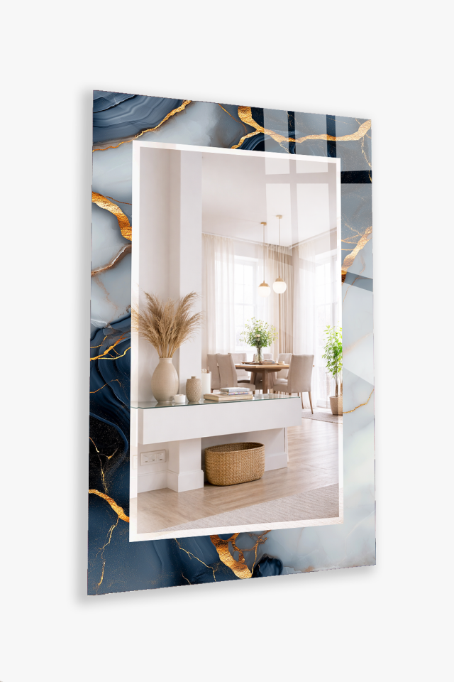 HEM TABLO HEM AYNA GRİ MAVİ ALTIN DAMAR MERMER CAM DUVAR AYNASI EV DEKORU