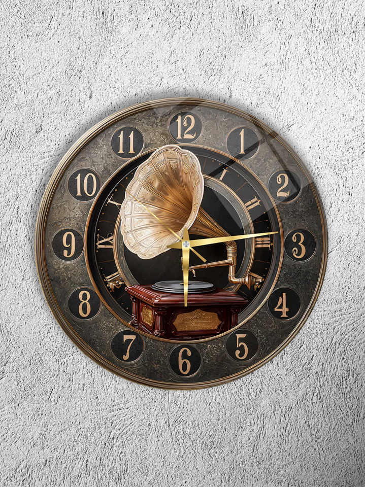 KIRILMAZ CAM DUVAR SAATİ, HEM TABLO HEM SAAT GRAMOFON NOSTALJİK VİNTAGE MÜZİK TASARIMI EV OFİS HEDİYESİ
