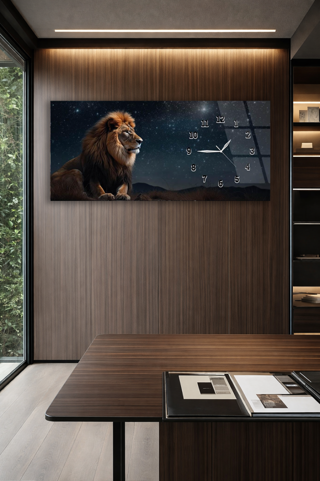 KIRILMAZ CAM DUVAR SAATİ , HEM TABLO HEM SAAT ASLAN FİGÜRLÜ GÜÇ VE ASALET TEMASI EV OFİS HEDİYESİ