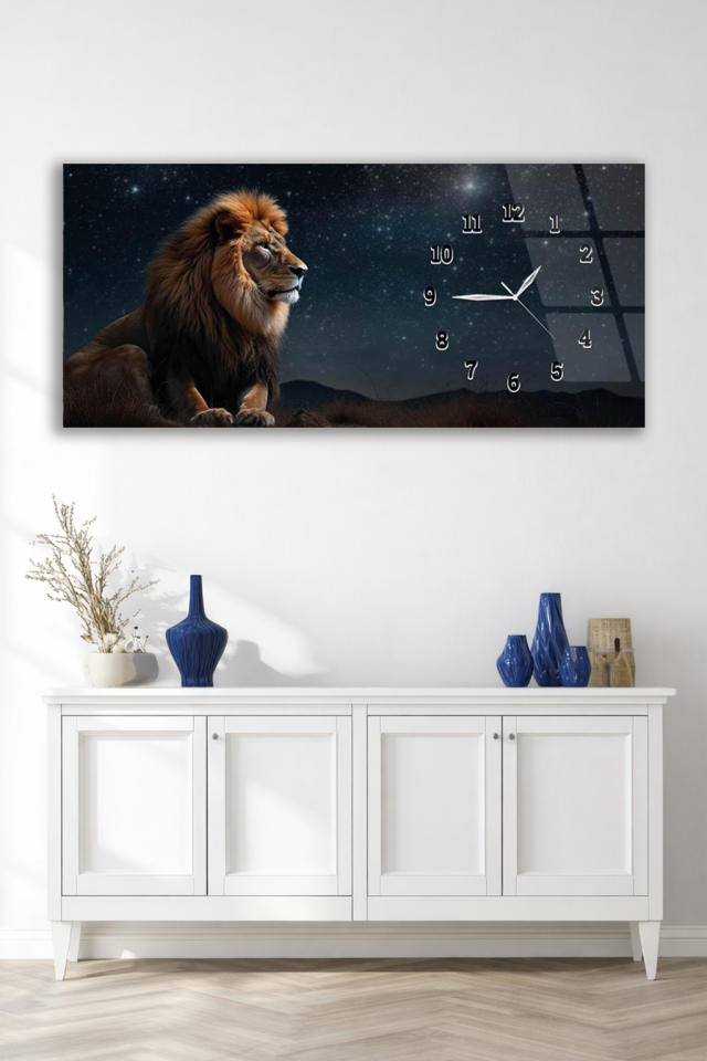 KIRILMAZ CAM DUVAR SAATİ , HEM TABLO HEM SAAT ASLAN FİGÜRLÜ GÜÇ VE ASALET TEMASI EV OFİS HEDİYESİ