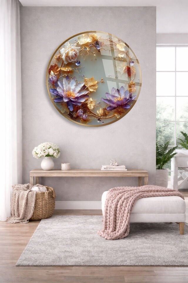 KIRILMAZ CAM DUVAR TABLOSU – ALTIN YAPRAK VE LOTUS ÇİÇEĞİ LÜKS SANAT TASARIMI