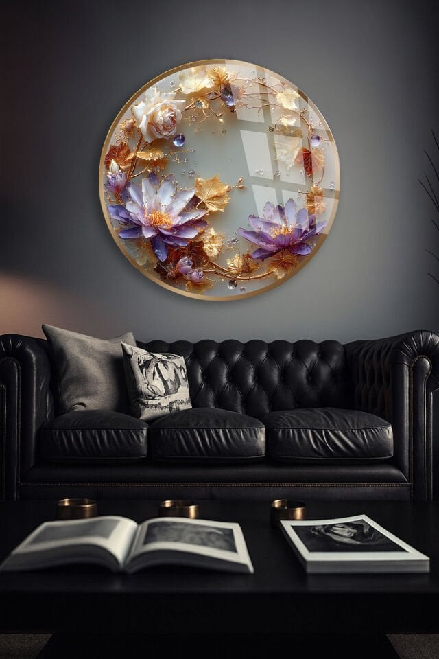 KIRILMAZ CAM DUVAR TABLOSU – ALTIN YAPRAK VE LOTUS ÇİÇEĞİ LÜKS SANAT TASARIMI