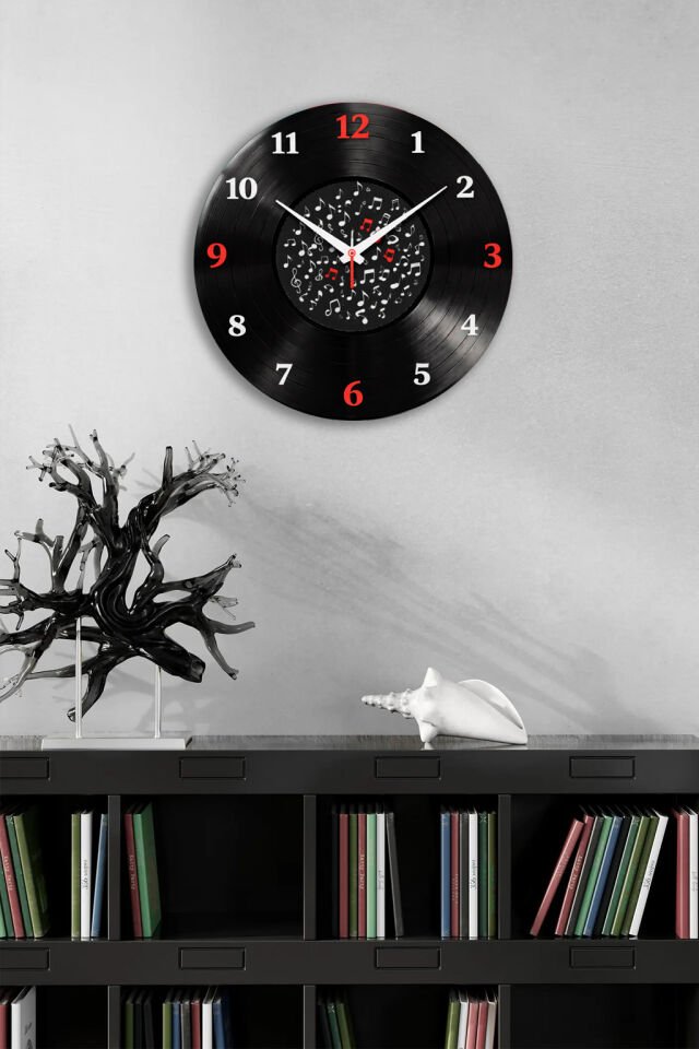 KIRILMAZ CAM DUVAR SAATİ, HEM TABLO HEM SAAT PLAK VE MÜZİK NOTALARI MODERN TASARIM EV OFİS HEDİYESİ