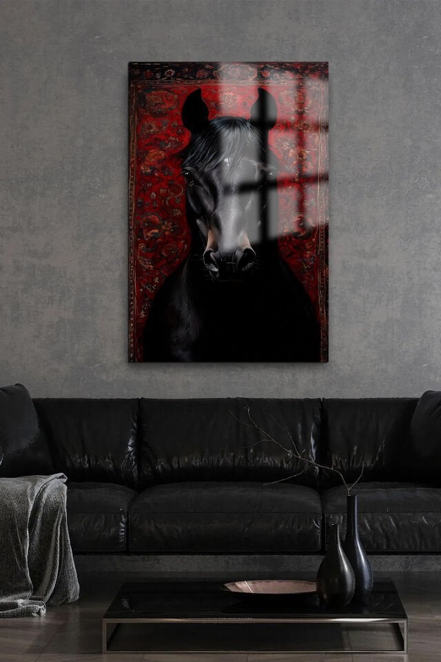 HALI DESENİ DETAYLI AT TASARIMI CAM TABLO EV HEDİYESİ İŞ YERİ HEDİYESİ KIRILMAZ LÜKS MODERN TABLO