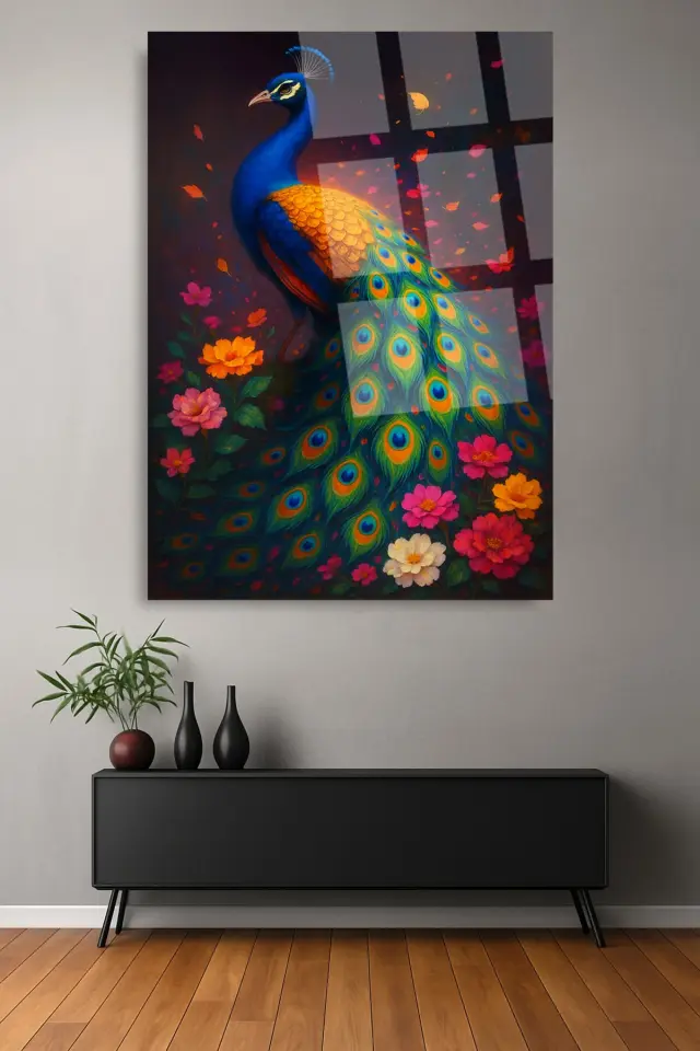 BENZERSİZ TAVUS KUŞU TASARIMI ULRTA CANLI RENKLER KIRILMAZ LÜKS MODERN CAM TABLO EV HEDİYESİ Çok Renkli